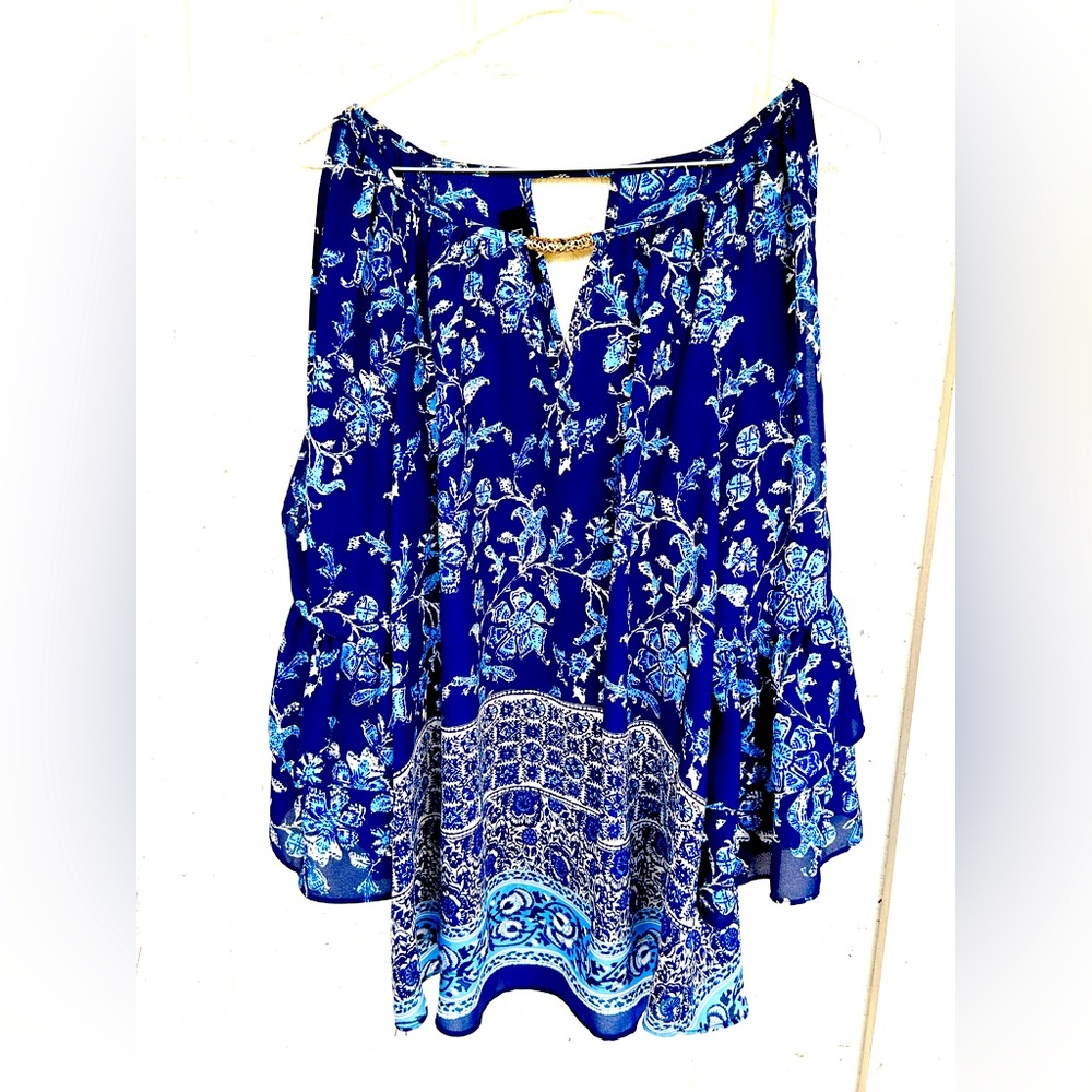 Blue Boho Floral top with Flared Sleeves